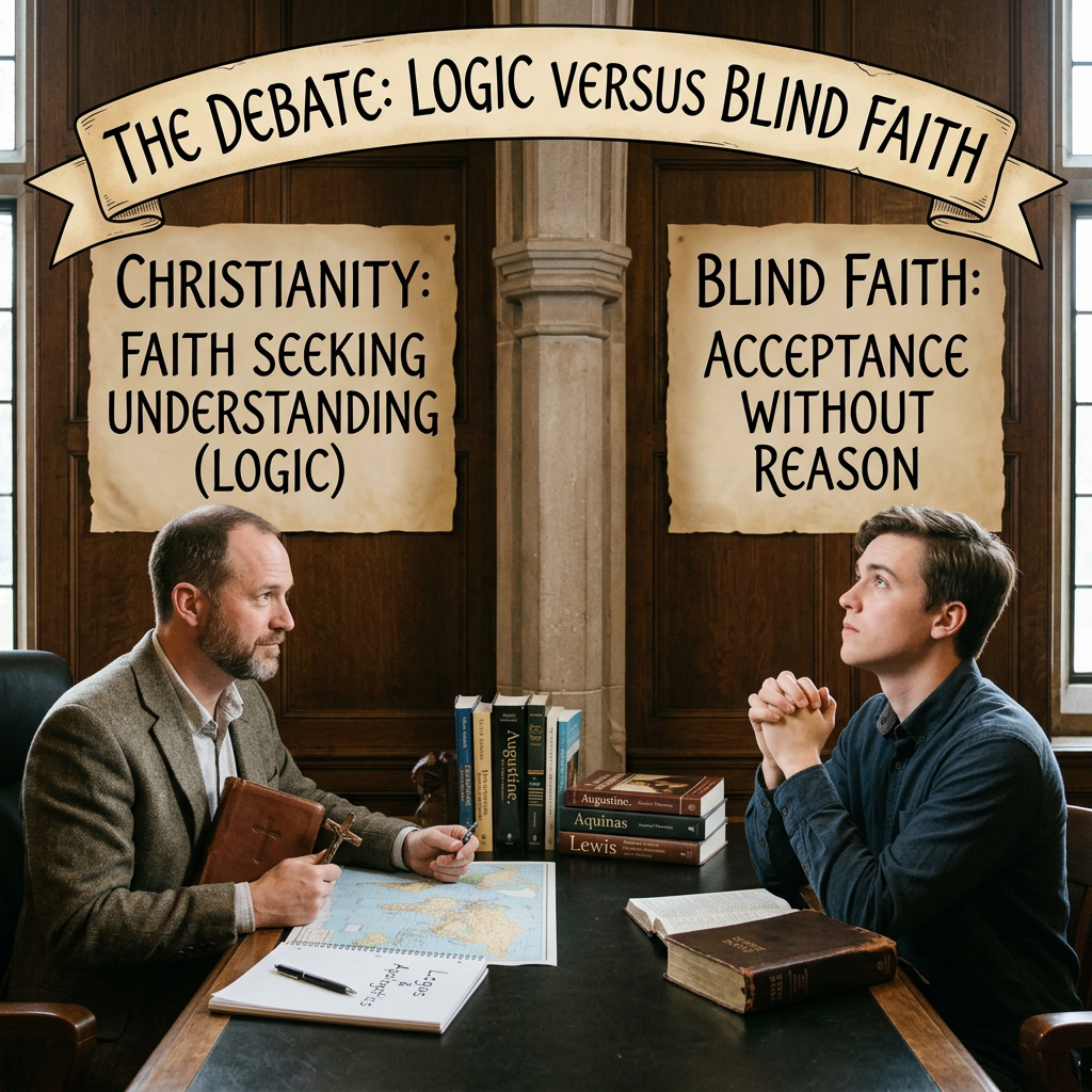 Two men debating Christianity as logic-based faith versus blind faith acceptance